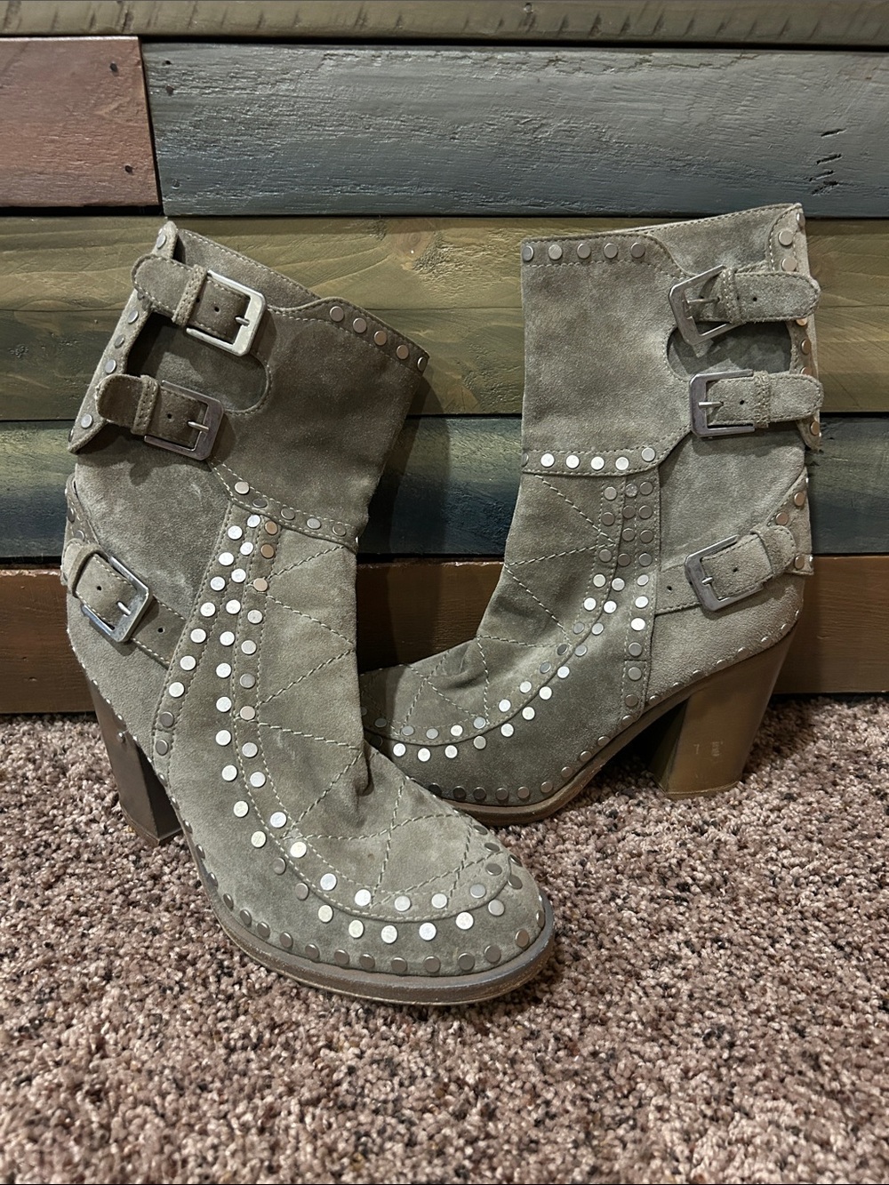 Laurence Dacade Olive Taupe Suede Studded Buckle Ankle Boots